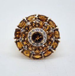 Golden Tourmaline, White Zircon Cocktail Ring In Yellow Gold Over Sterling