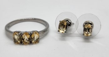 Brazilian Citrine 3 Stone Ring & Stud Earrings In Stainless