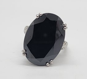 Large Black Spinel Ring In Platinum Over Sterling