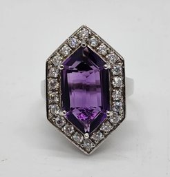 AAA Lusaka Amethyst, Moissanite Hexagon Halo Ring In Platinum Over Sterling