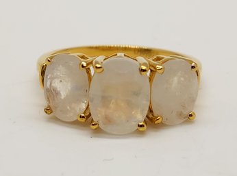 Premium Rainbow Moonstone, Diamond 3 Stone Ring In Yellow Gold Over Sterling