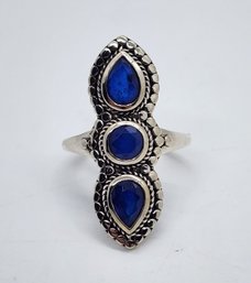 Blue Spinel 3 Stone Ring In Sterling