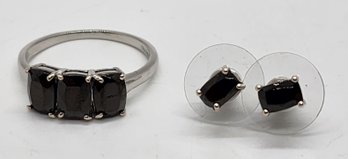 Elite Shungite Stud Earrings & 3 Stone Ring In Platinum Over Sterling