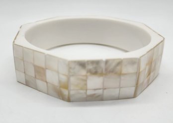 Octagon White Mother Of Pearl Inlay Bangle Bracelet With White Inner Resin