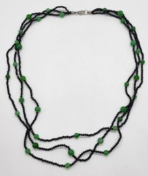 Black Spinel, Green Jade Beaded Necklace In Sterling