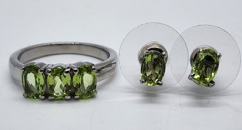 Peridot 3 Stone Ring & Stud Earrings In Stainless