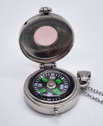 Rose Quartz Openable Pendant Necklace With Compass In Stainless