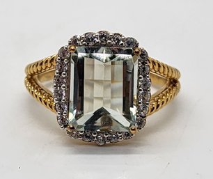 Barrel Prasiolite, White Zircon, 18k Yellow Gold Over Sterling Ring