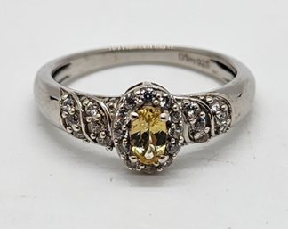 Golden Apatite, White Zircon Halo Ring In Platinum Over Sterling