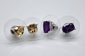 Brazilian Citrine & Amethyst Stud Earrings In Sterling