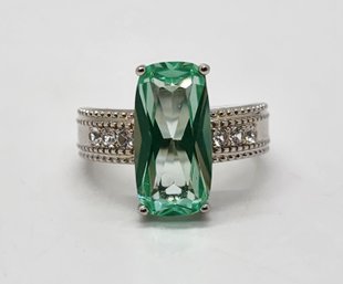 Lab Green Spinel, White Sapphire, Rhodium Over Sterling Ring