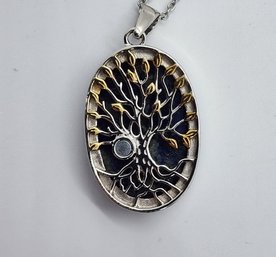 Lapis Lazuli Tree Of Life Pendant Necklace In 14k Yellow Gold & Platinum Over With Magnet & Stainless