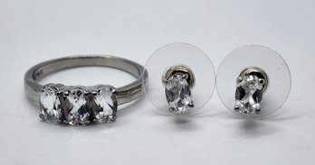 White Topaz 3 Stone Ring & Stud Earrings In Stainless