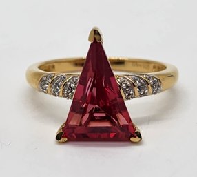 Padparadscha Sapphire, White Zircon Ring In Yellow Gold Over Sterling