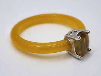 Yellow Sapphire, Yellow Jade Band Ring In Rhodium Over Sterling