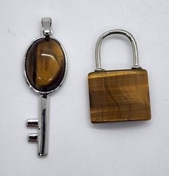 Tigers Eye Set Of 2 Lock & Key Pendants