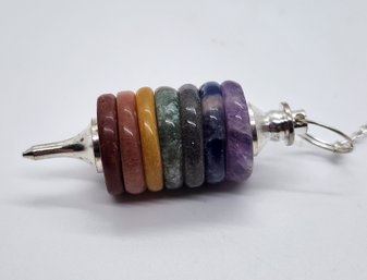 Multi-Gemstone 7 Chakra Button Pendulum Pendant With Chain In Sterling & Silvertone