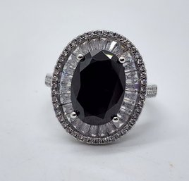 Faux Black & White Diamond Halo Ring In Silvertone