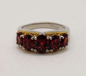 Red Garnet 5 Stone Ring In 18k Yellow Gold Plated & Platinum Over