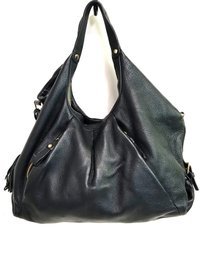 Vince Camuto Large Black Leather Tassel Hobo Handbag With Gold Tone Hardware