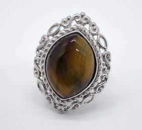 Tigers Eye Ring In Rhodium Over Sterling Silver