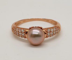 Purple Freshwater Pearl & Faux Diamond Ring In 14k Rose Gold Over Sterling