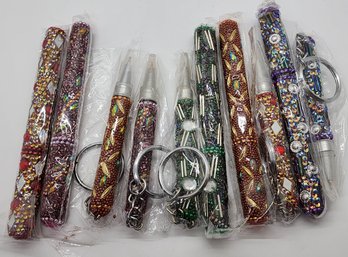 Set Of 10 Multi-color Beaded Pens & Pen Keychains