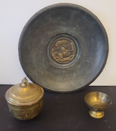 Vintage Israeli Plate Paired With Middle Eastern Brass Pieces