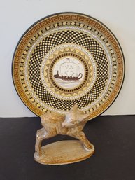 Reproduction Of Ancient Greek Ceramic Plate Paired With Ceramic Deer Figurine