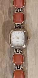 Silvertone And Pink Stone Fashion Watch With Removable Link