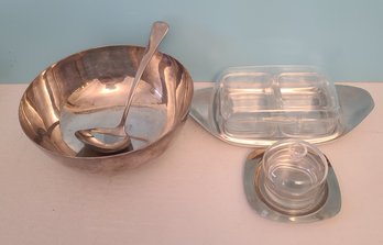 Stieff  Williamsburg Silver Plate Bowl & Ladle Paired With Two Stainless And Glass Condiment Dishes