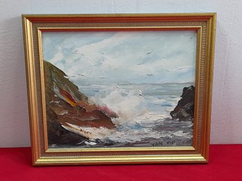 Signed Oil On Board- Waves Crashing On The Rocks