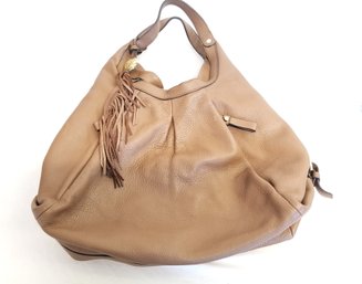 Vince Camuto Large Camel Leather Tassel Hobo Handbag With Gold Tone Hardware