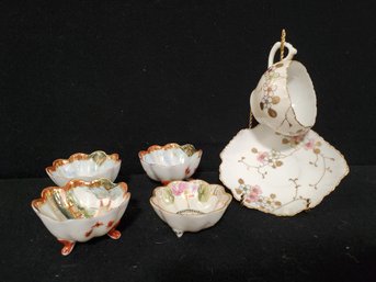 Vintage Japanses Hand Painted Porcelain - Miniature Nut Bowls & Tea Cup With Saucer Set