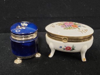 Two Vintage Porcelain Hand Painting Trinket Jewelry Boxes