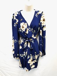 Women's Floral Print  V-neck With Bishop Long Sleeves Wrap Dress Size Large