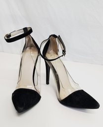 Women's Liliana Black And Clear Pointed Toe High Heels With Ankle Strap Closure Size 6.5