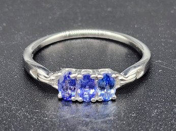Ceylon Blue Sapphire 3 Stone Ring In Platinum Over Sterling