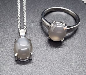 Titanium Moonstone Ring & Pendant Necklace In Stainless Steel