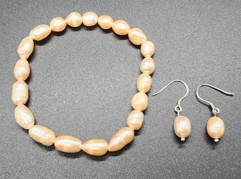 Freshwater Peach Cultured Pearl Stretch Bracelet & Earrings In Sterling