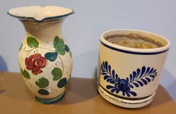 Vintage Ceramic Floral Vase Paired With Delft Blue And White Ceramic Planter