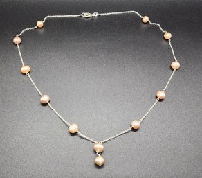 Peach Freshwater Pearl Beaded Necklace In Sterling Silver