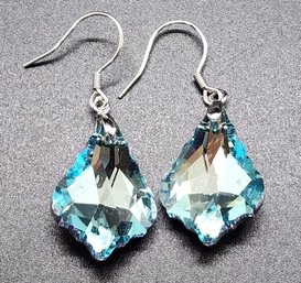 Simulated Aquamarine Dangle Earrings In Rhodium Over Sterling