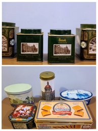 Vintage Cookie Tins & Delft Chocolate Tin Paired With Harrods Tea Tins (9 Pieces)