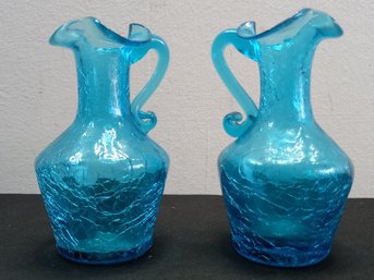 Pair Of Blue Crackled Glass Pitchers