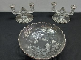 STERLING TRIMMED CUT GLASS CANDLE HOLDERS AND BOWL