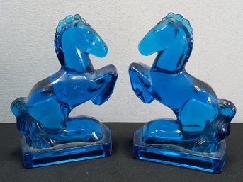 Pair Of Blue Glass Horse Sculpted Bookends