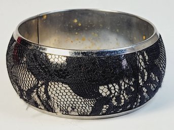 Vintage THICK Silver Tone Bangle Bracelet With A Black Fabric Netting Wrap