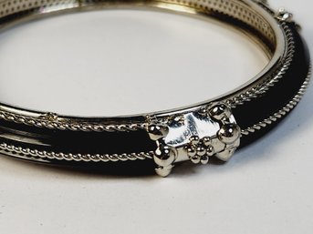 Super Sweet  Silver Tone With Black Inlay Bangle Bracelet