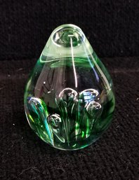 Vintage Art Glass Green Swirl Egg Shaped Paperweight
